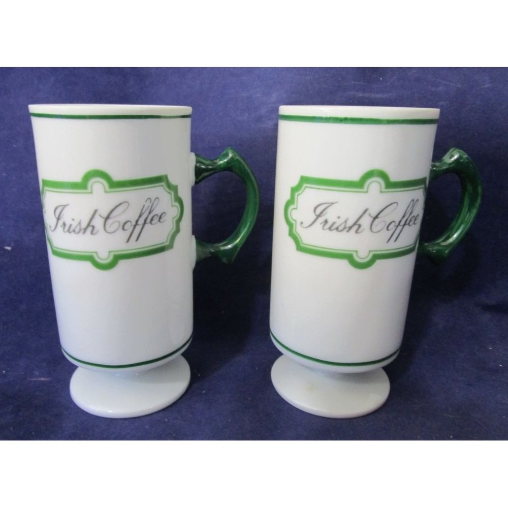 Irish Coffee Pedestal Mugs Green White Unmarked Vintage GUC Minor Defects
